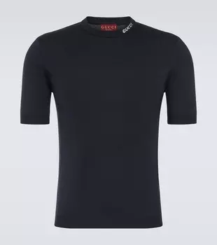 Шелковая и хлопковая футболка с логотипом Gucci, Navy/White