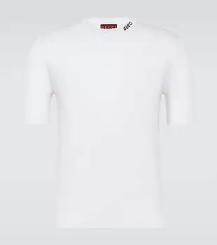 Шелковая и хлопковая футболка с логотипом Gucci, White/Blue