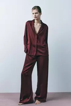 Шелковая пижамная рубашка ZARA, бордовый