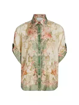 Шелковая рубашка August с цветочным принтом Zimmermann, цвет khaki floral