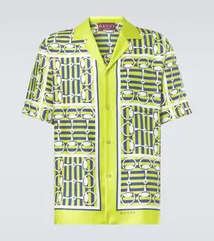 Шелковая рубашка для боулинга в рубчик с подковой Gucci, Lime/Blue/Mc