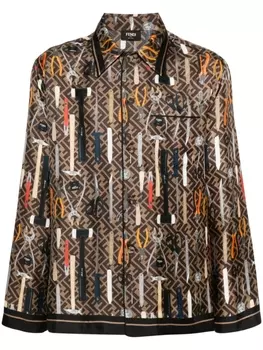 Шелковая рубашка с графичным принтом FENDI, коричневый