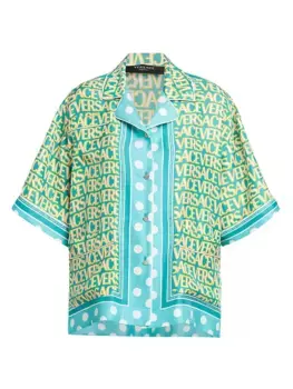 Шелковая рубашка с логотипом по всей длине Versace, цвет turquoise light blue