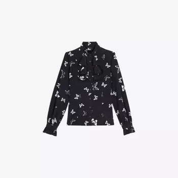 Шелковая рубашка с принтом «Бабочка» и оборками The Kooples, черный