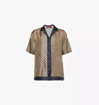 Шелковая рубашка свободного кроя с короткими рукавами и монограммным принтом Gucci, синий