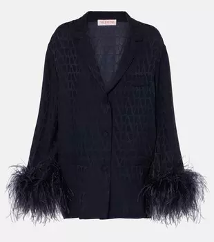 Шелковая рубашка Toile Iconographe с отделкой перьями Valentino, темно-синий