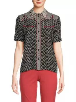 Шелковая рубашка в стиле вестерн с геометрическим рисунком Bottega Veneta, цвет White Black