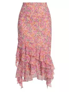 Шелковая шифоновая юбка миди с оборками Lita и цветочным принтом Saloni, коралловый