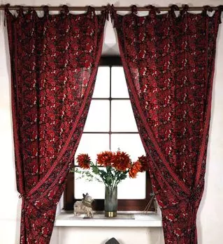 Шелковистые шторы в стиле бохо, 1 пара богемных штор из ткани сари, уникальные 290 см - розово-красные, полиэстер, декоративные шторы Guru-Shop, красный