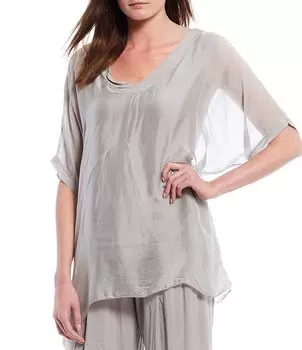 Шелковистый тканый топ M Made in Italy с V-образным вырезом и прозрачными рукавами, сочетающийся с подолом Sharkbite, серый