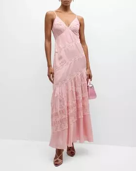 Шелковое кружевное платье макси Idalia Habotai LoveShackFancy, цвет Positano Pink