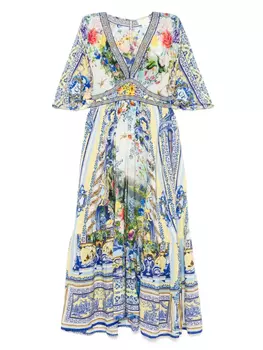 Шелковое макси-платье с приталенной талией Camilla, синий