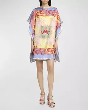 Шелковое мини-платье-пончо с фуляром и инженерным принтом Etro, цвет Print On White Base