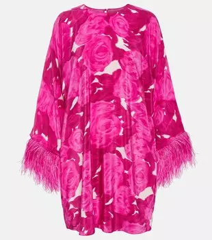 Шелковое мини-платье с цветочным принтом и отделкой перьями VALENTINO, розовый