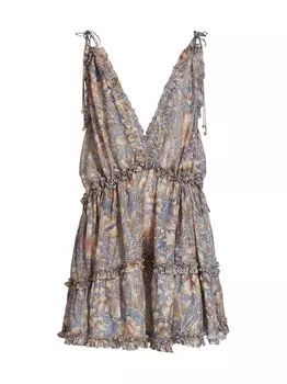 Шелковое мини-платье с кулиской и цветочным принтом из ситца Zimmermann, синий