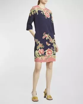 Шелковое платье-футляр с рукавами 3/4 Enchanted Garden Engineered Garden Etro, цвет Print On Blue Base