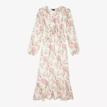 Шелковое платье макси с цветочным принтом и отделкой оборками The Kooples, бежевый