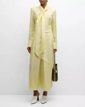 Шелковое платье макси с принтом перьев, шарфом и длинными рукавами Stella McCartney, цвет Lime Sorbet