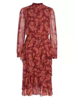 Шелковое платье миди Isa с оборками и принтом Saloni, цвет ruby paisley