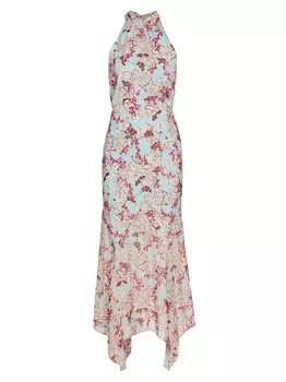 Шелковое платье-миди с лямкой на шее Lila и цветочным принтом Saloni