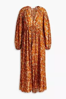 Шелковое платье миди со сборками и цветочным принтом ZIMMERMANN, загар