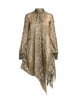 Шелковое платье-рубашка с питоновым принтом Stella McCartney, коричневый