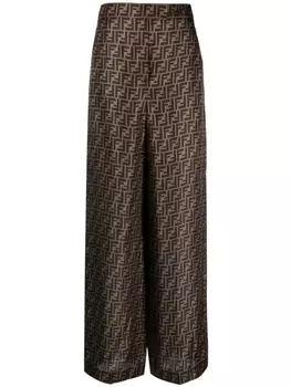 Шелковые брюки палаццо с узором FF FENDI, коричневый