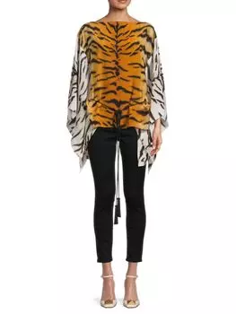 Шелковый асимметричный топ-туника с тигровым принтом Roberto Cavalli, цвет Black Orange