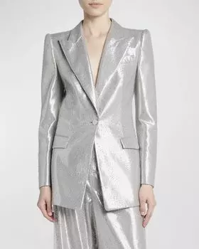 Шелковый блейзер с кристаллами на одной пуговице Giorgio Armani, цвет Silver