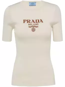 Шелковый джемпер с логотипом Prada, нейтральный