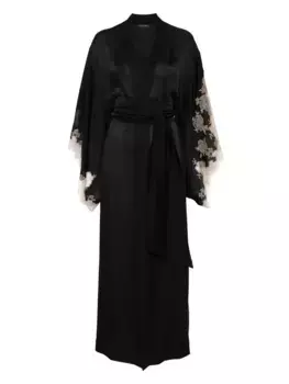 Шелковый халат с кружевом Calais-Caudry Carine Gilson, черный