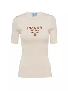 Шелковый свитер с круглым вырезом и логотипом Prada, бежевый
