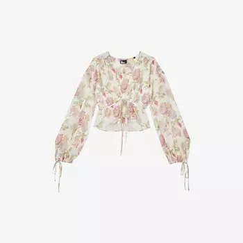 Шелковый топ с цветочным принтом и оборками The Kooples, бежевый