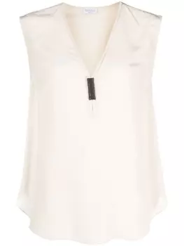 Шелковый топ с декором Monili Brunello Cucinelli, бежевый