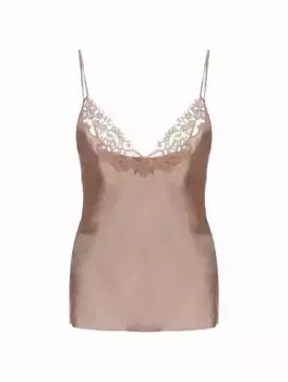 Шелковый топ с кружевом Saint Laurent, бежевый