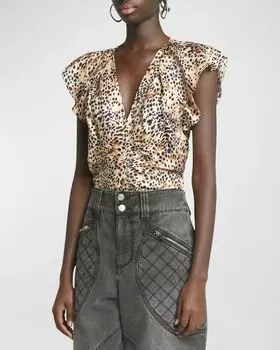 Шелковый топ с принтом и рукавами с рюшами Lonea Isabel Marant, цвет Natural