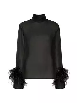 Шелковый топ с высоким воротником и перьями LAPOINTE, черный