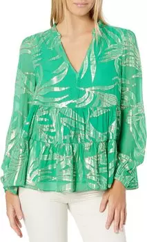 Шелковый топ Sarita с длинными рукавами Lilly Pulitzer, цвет Botanical Green Palm Leaf