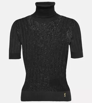 Шелковый топ в рубчик с высоким воротником SAINT LAURENT, черный