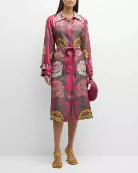 Шелковый тренч с запахом и цветочным принтом Pierre-Louis Mascia, цвет 511750 101 Pink Green Botanical