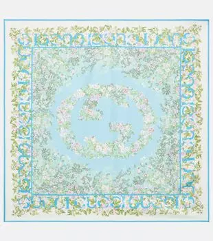 Шелковый твиловый шарф GG с цветочным принтом Gucci, Sky Blue / Ivory