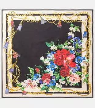 Шелковый твиловый шарф с цветочным принтом Dolce&Gabbana, Bouquet Fiori F.Nero