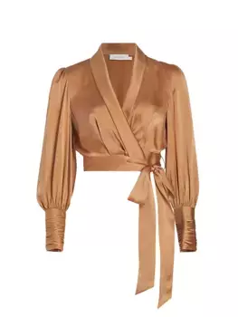 Шелковый укороченный топ с запахом Zimmermann, цвет sand