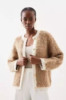 Шерстяная фактурная трикотажная куртка с петлями Karen Millen, бежевый