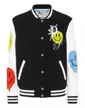 Шерстяная куртка-бомбер в стиле колледжа с кожаными рукавами Smile PHILIPP PLEIN, черный
