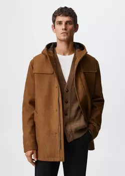 Шерстяная куртка с капюшоном MANGO, коричневый