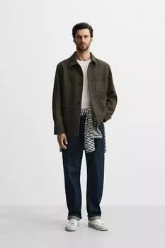 Шерстяная рубашка с карманами ZARA, зеленоватый