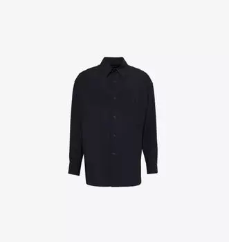 Шерстяная рубашка свободного кроя с карманом на пуговицах и закругленным подолом Giorgio Armani, синий