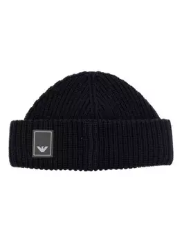 Шерстяная шапка бини в рубчик с нашивкой-логотипом Emporio Armani, синий