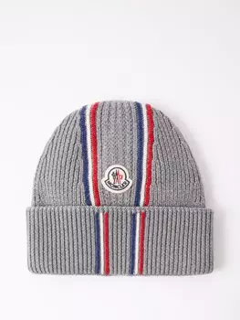 Шерстяная шапка в полоску с нашивкой-логотипом Moncler, серый